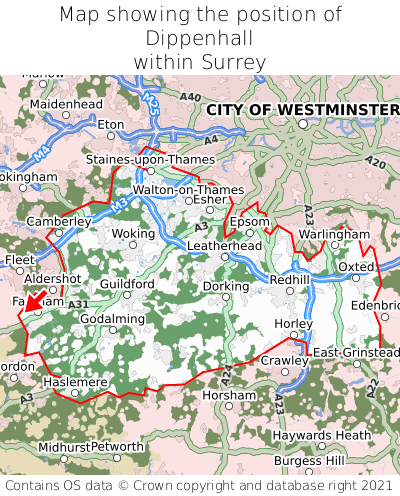 Map showing location of Dippenhall within Surrey