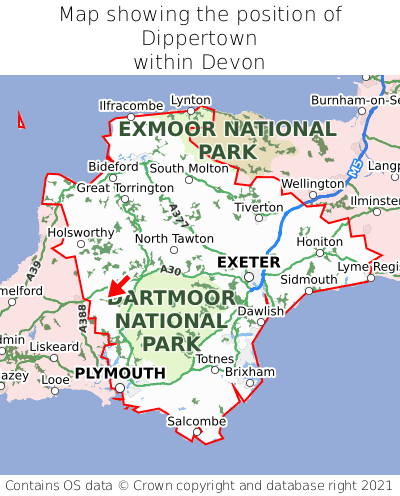 Map showing location of Dippertown within Devon