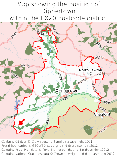 Map showing location of Dippertown within EX20