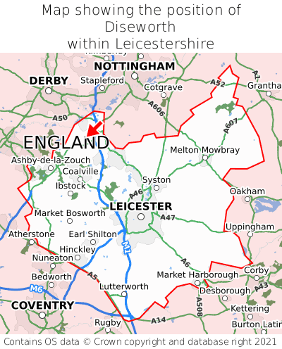 Map showing location of Diseworth within Leicestershire