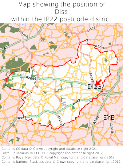 Map showing location of Diss within IP22