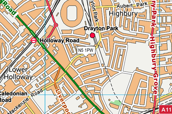N5 1PW map - OS VectorMap District (Ordnance Survey)