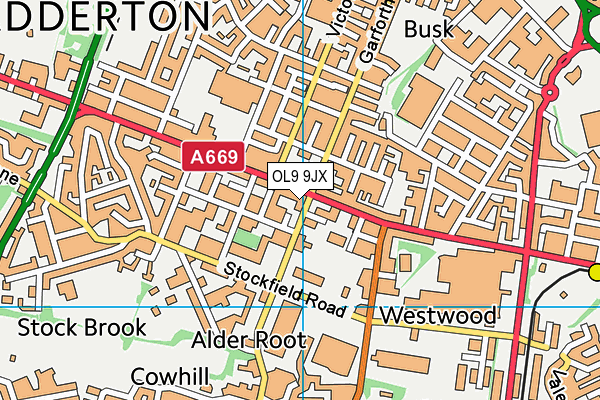 OL9 9JX map - OS VectorMap District (Ordnance Survey) OL9 9JX map - OS VectorMap District (Ordnance Survey)