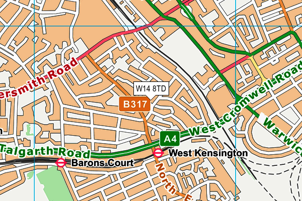 W14 8TD map - OS VectorMap District (Ordnance Survey) W14 8TD map - OS VectorMap District (Ordnance Survey)