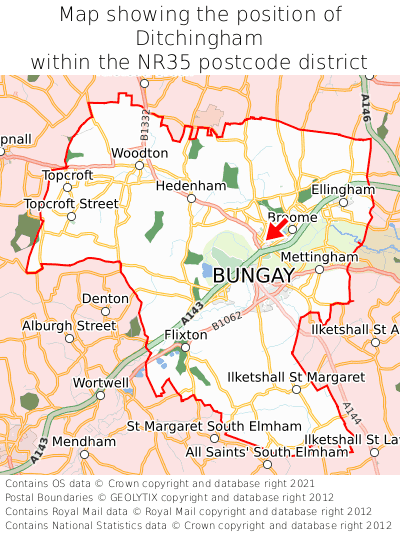 Map showing location of Ditchingham within NR35