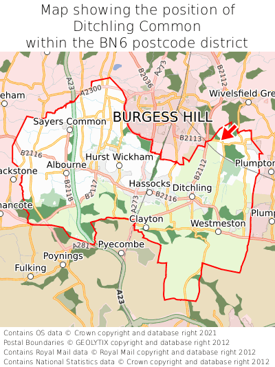Map showing location of Ditchling Common within BN6