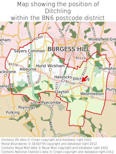 Map showing location of Ditchling within BN6