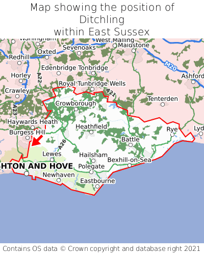 Map showing location of Ditchling within East Sussex