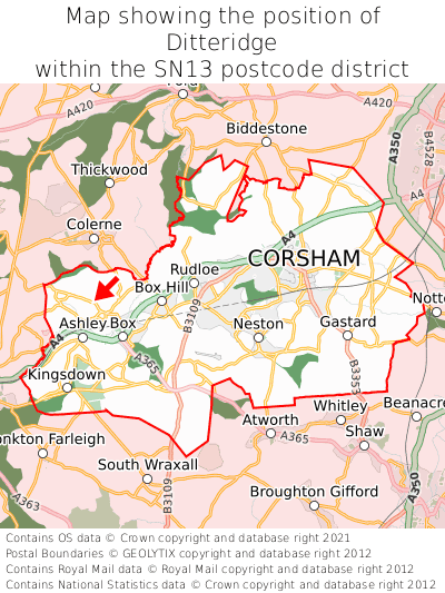 Map showing location of Ditteridge within SN13