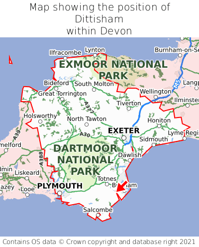 Map showing location of Dittisham within Devon