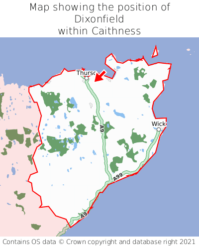 Map showing location of Dixonfield within Caithness