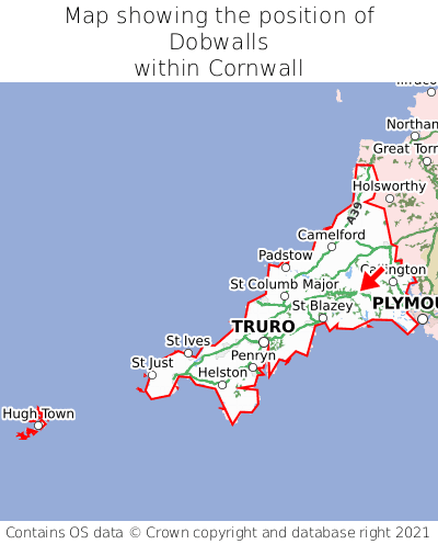 Map showing location of Dobwalls within Cornwall
