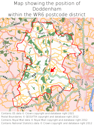 Map showing location of Doddenham within WR6
