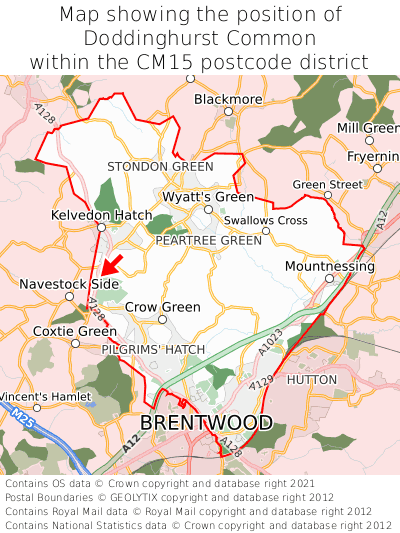 Map showing location of Doddinghurst Common within CM15