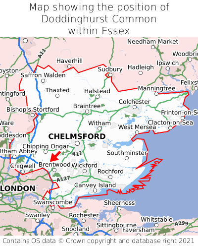 Map showing location of Doddinghurst Common within Essex