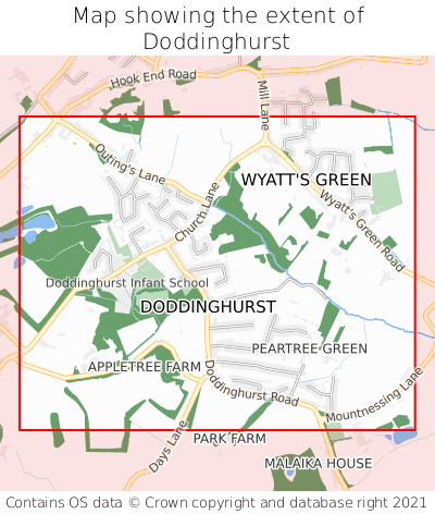 Map showing extent of Doddinghurst as bounding box