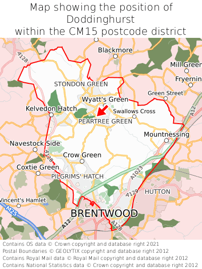 Map showing location of Doddinghurst within CM15