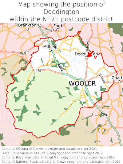 Map showing location of Doddington within NE71