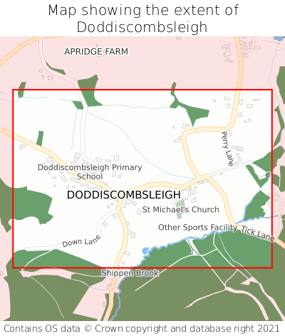 Map showing extent of Doddiscombsleigh as bounding box