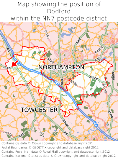 Map showing location of Dodford within NN7