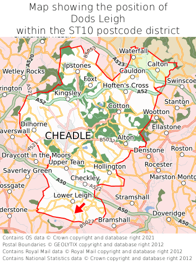Map showing location of Dods Leigh within ST10