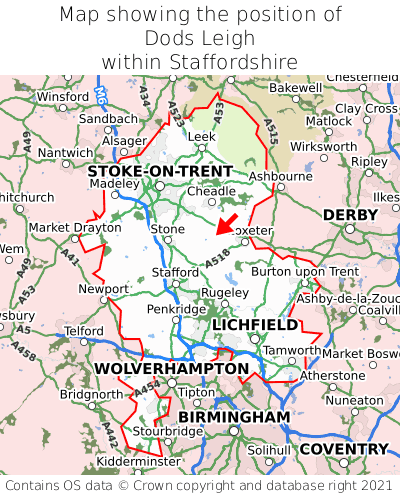 Map showing location of Dods Leigh within Staffordshire
