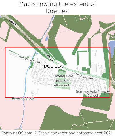 Map showing extent of Doe Lea as bounding box