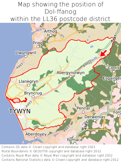 Map showing location of Dol-ffanog within LL36