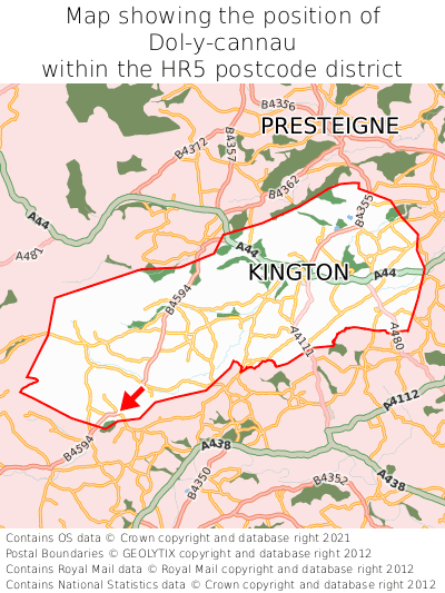 Map showing location of Dol-y-cannau within HR5
