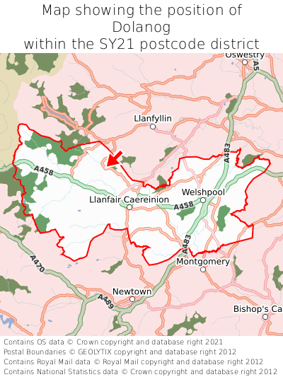 Map showing location of Dolanog within SY21