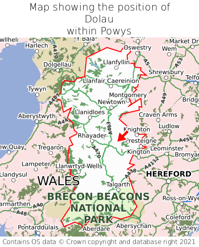 Map showing location of Dolau within Powys