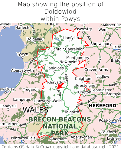 Map showing location of Doldowlod within Powys