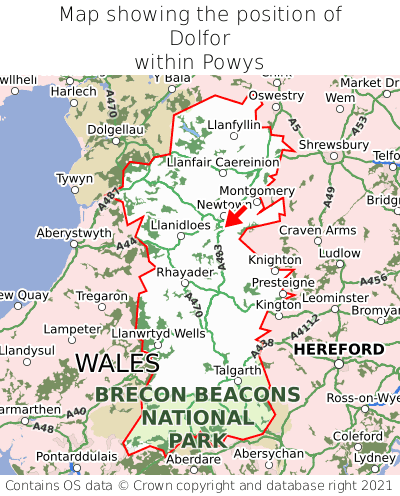 Map showing location of Dolfor within Powys