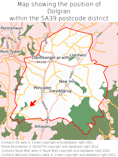 Map showing location of Dolgran within SA39