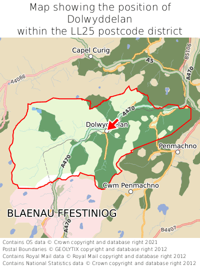 Map showing location of Dolwyddelan within LL25