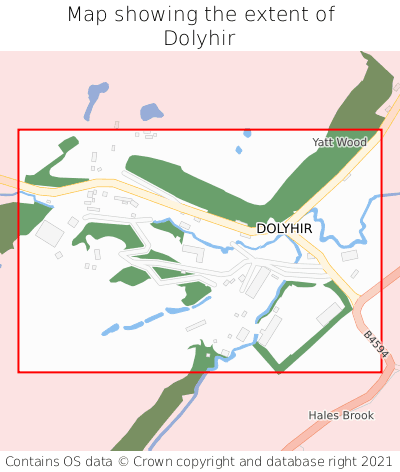 Map showing extent of Dolyhir as bounding box