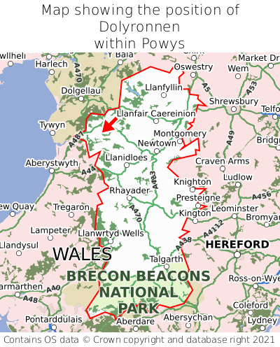 Map showing location of Dolyronnen within Powys