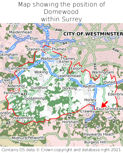 Map showing location of Domewood within Surrey
