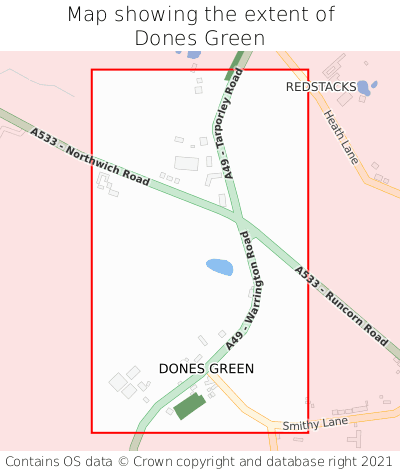 Map showing extent of Dones Green as bounding box