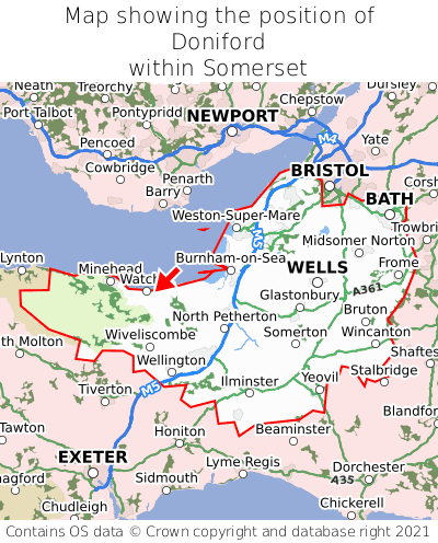 Map showing location of Doniford within Somerset