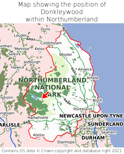 Map showing location of Donkleywood within Northumberland