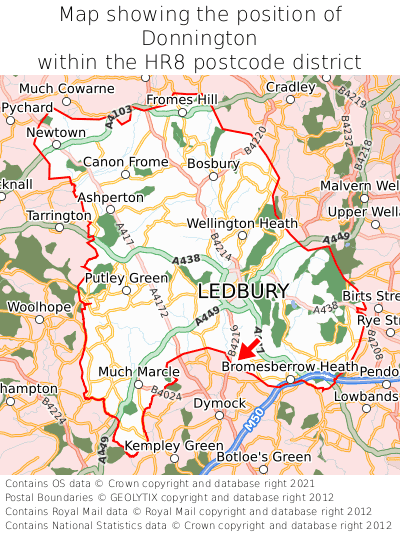 Map showing location of Donnington within HR8