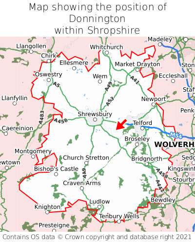 Map showing location of Donnington within Shropshire