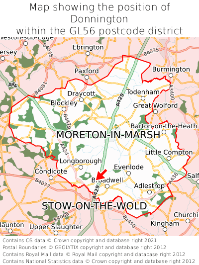 Map showing location of Donnington within GL56