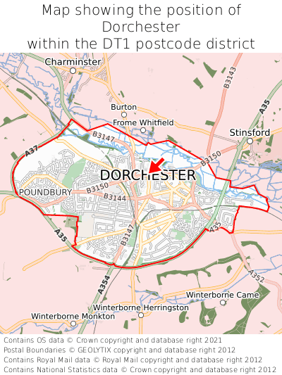 Map showing location of Dorchester within DT1