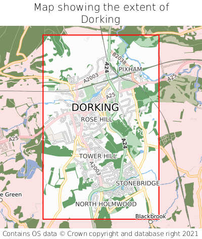 Map showing extent of Dorking as bounding box