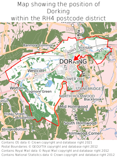 Map showing location of Dorking within RH4