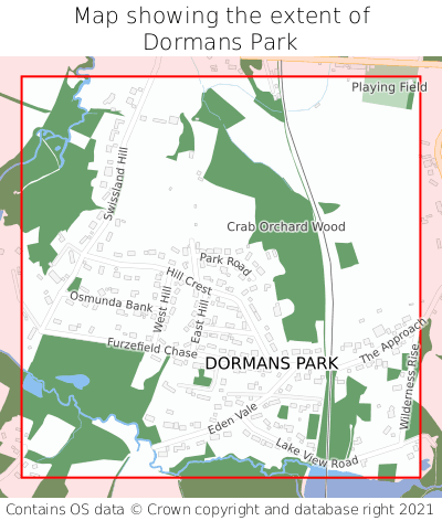 Map showing extent of Dormans Park as bounding box