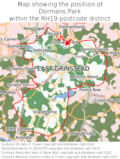 Map showing location of Dormans Park within RH19