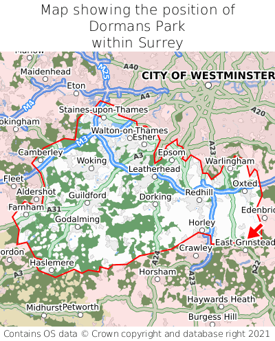 Map showing location of Dormans Park within Surrey